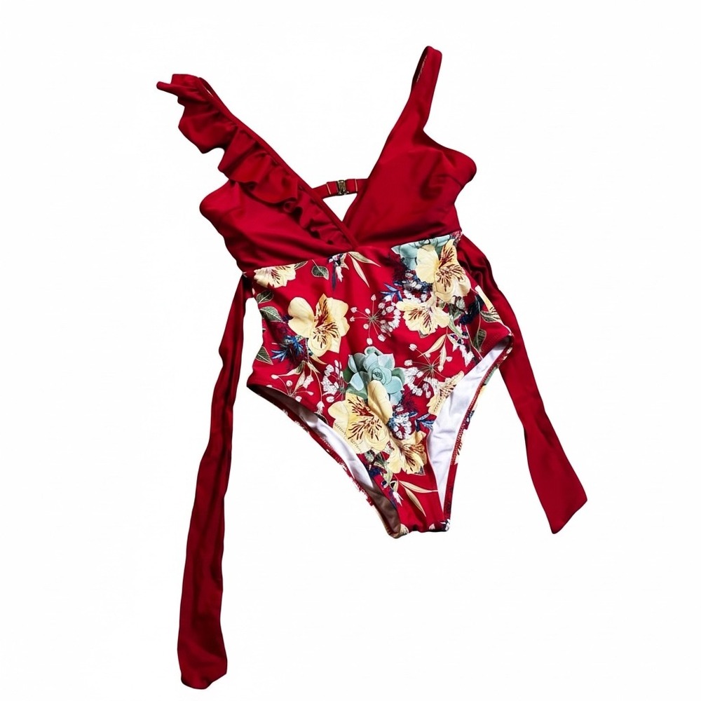Cupshe Womens Red Floral Ruffle One Piece Swimsuit High Cut Side Tie Size S